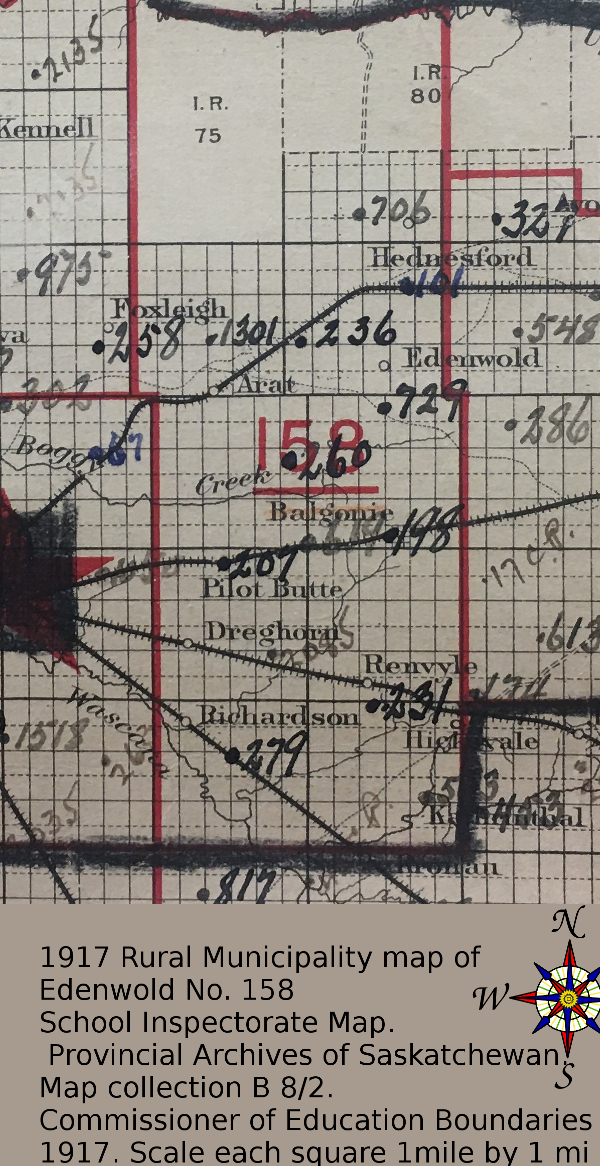 1917 Rural Municipality map of Edenwold No. 158 showing school district numbers